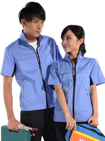 滌棉斜紋天藍短袖工作服價格