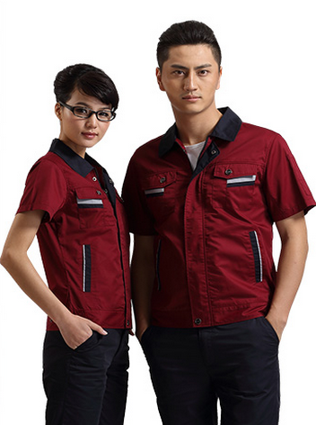 棗紅色滌棉細(xì)斜紋短袖工作服